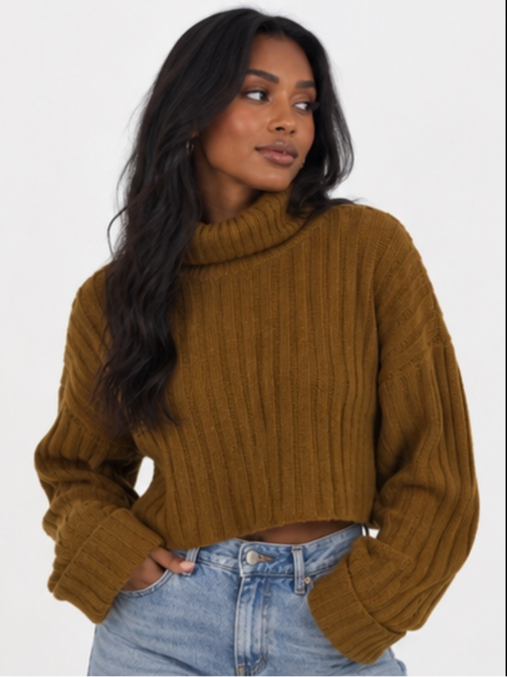Forever 21 Ribbed Cropped Turtleneck Sweater - Olive